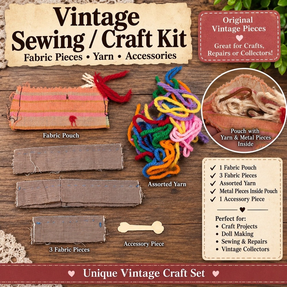 Vintage Sewing Craft Kit Fabric Pieces Yarn Metal Accessories Doll Making Set